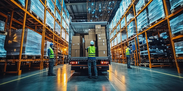 Modern warehouse interior with a loaded truck, workers and racks. The concept of logistics. Стоковое AI-изображение, AI-художник Ярославский Максим / Фотобанк Лори