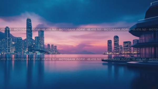Modern waterfront cityscapes at twilight/sunset. Skyscrapers reflect in calm waters, creating a tranquil and serene urban scene. Стоковое AI-видео, аниматор Данила Большаков / Фотобанк Лори