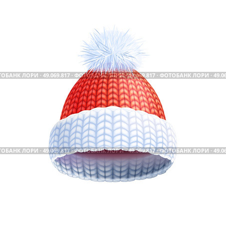Modern Winter Knitted Hat Flat Pictogram. Modern knitted two colored beanie style hat with pompom for winter sport headwear flat print vector illustration . Стоковая иллюстрация, агентство Ingram Publishing / Фотобанк Лори