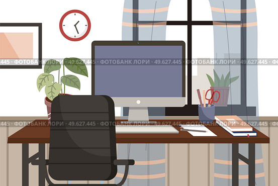 Modern workplace flat design. Lather chair and office desk with a computer and potted plant in living room or office interior. Furniture and equipment for the workplace of an employee or office worker. Modern workplace flat design. Lather chair and office desk with a computer and potted plant. Стоковая иллюстрация, агентство Ingram Publishing / Фотобанк Лори
