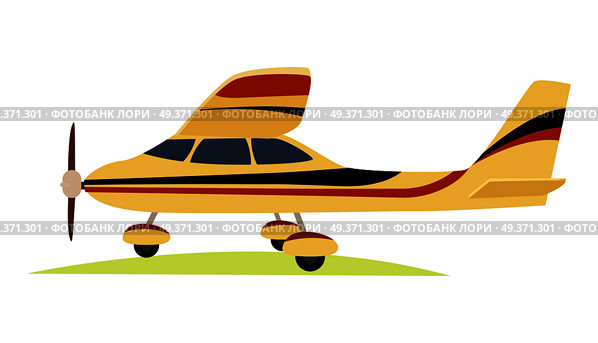 Modern yellow aeroplane on white background vector illustration in flat style. Powered and fixed-wing aircraft which is work due to propeller or jet engine. Plane has three wheels, wings and rudder.. Modern Yellow Aeroplane on White Background. Стоковая иллюстрация, агентство Ingram Publishing / Фотобанк Лори