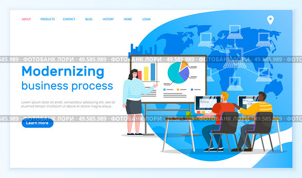 Modernizing business process, woman giving presentation of improvement of company. People listening to boss report. Whiteboard with charts and stats. Website or webpage template, vector in flat style. Modernizing Business Process Presentation Web. Стоковая иллюстрация, агентство Ingram Publishing / Фотобанк Лори