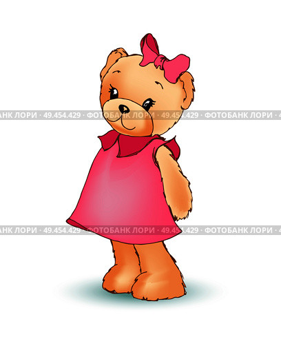 Modest female teddy bear wearing pink dress and bow on its head, shy fluffy toy, poster and image vector illustration isolated on white background. Modest Female Teddy Bear, Vector Illustration. Стоковая иллюстрация, агентство Ingram Publishing / Фотобанк Лори