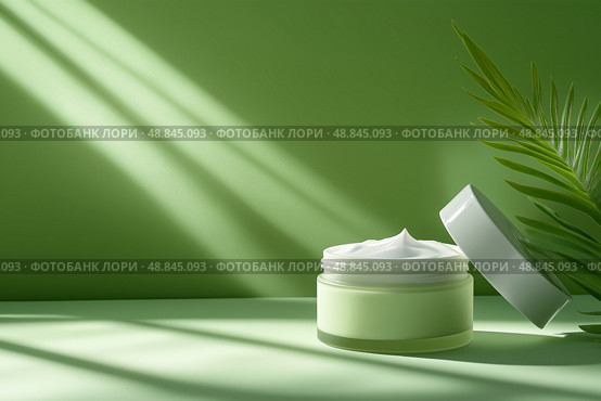 Moisturizing cream in a jar with soft texture on green background. Увлажняющий крем в баночке с мягкой текстурой на зеленом фоне. Стоковое AI-изображение, AI-художник Katsiaryna Repich / Фотобанк Лори