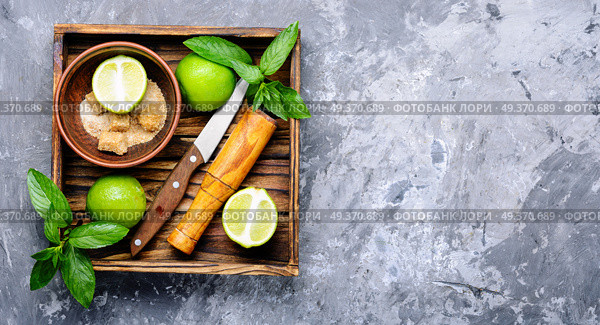 Mojito ingredients. Lime, mint and cane suga. Summer mojito drink. Стоковое фото, агентство Ingram Publishing / Фотобанк Лори