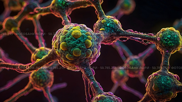 Molecules of Neisseria meningitidis infection ,macro,neon. Стоковое AI-изображение, AI-художник Андрей Митин / Фотобанк Лори