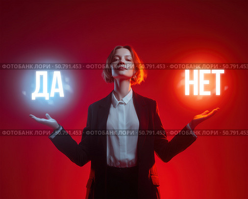 Молодая женщина стоит держа в руках светящиеся слова "ДА" и "НЕТ", символизируя выбор и принятие решений. Стоковое AI-изображение, AI-художник ArtVladZ / Фотобанк Лори