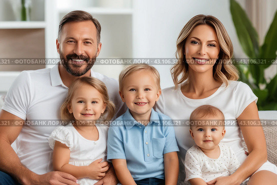 Mom and dad with three small children, close-up. Family portrait, the concept of family relations. The program of state support for families with children. Стоковое AI-изображение, AI-художник Анна Маркина / Фотобанк Лори