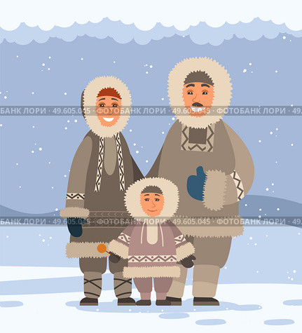 Mom, dad, baby on snowy background. Family of northern arctic polar smiling inhabitants in traditional fur clothes. Residents of the Arctic. Snowfall, blue-gray background. Funny cartoon characters. Northern family in traditional fur clothes. Chukchee, polar peoples. Harsh winter, snow, cold. Стоковая иллюстрация, агентство Ingram Publishing / Фотобанк Лори