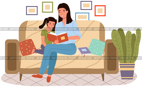 Mom telling fairy tales while putting her daughter to sleep at bed time. Mother reads book to her child at night. Family spends time together before bed. Parent and child are reading literature. Mom telling fairy tales to her daughter at bed time. Mother is reading book to child at night. Стоковая иллюстрация, агентство Ingram Publishing / Фотобанк Лори
