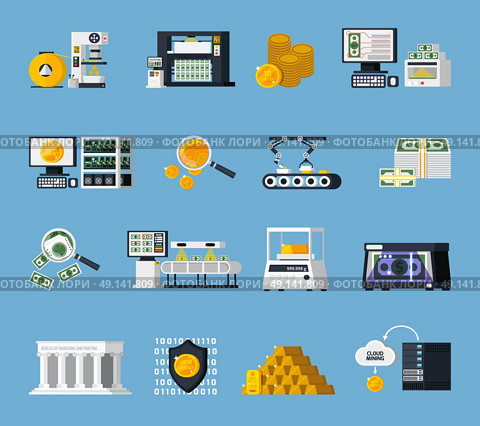 Money Manufacturing Icons Set.  Money manufacturing icons set with finance symbols flat isolated vector illustration . Стоковая иллюстрация, агентство Ingram Publishing / Фотобанк Лори