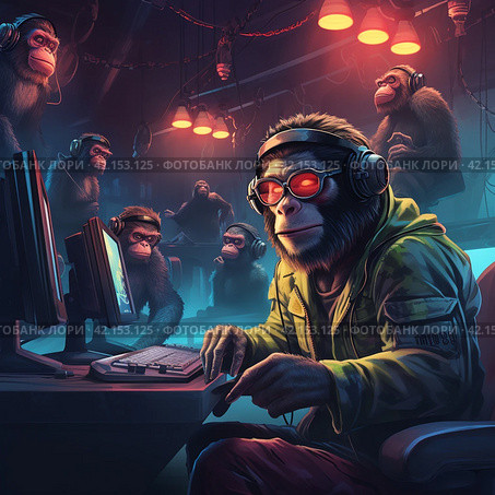 Monkeys in military uniform at the computer, NATO,Generative AI. Стоковое AI-изображение, AI-художник Анна Кривицкая / Фотобанк Лори