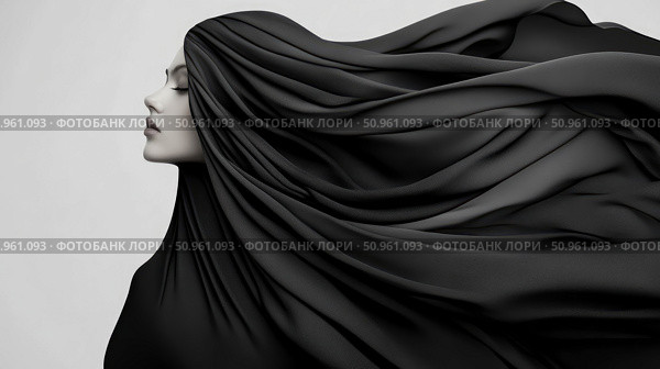 Monochrome Beauty: A woman's serene profile enveloped in flowing black fabric. Стоковое AI-изображение, AI-художник Данила Большаков / Фотобанк Лори