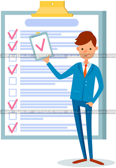 Month scheduling, to do list, time management. Businessman stands near checklist and planning. Plan fulfilled, task completed, timetable on paper sheet. Check list plan, schedule creation concept. Month scheduling, to do list, time management. Businessman stands near checklist and planning. Стоковая иллюстрация, агентство Ingram Publishing / Фотобанк Лори