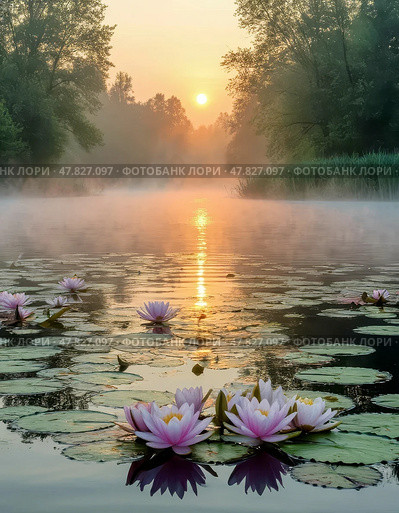 Morning fog on the forest river. River landscape. Стоковое AI-изображение, AI-художник Сергей Елизарьев / Фотобанк Лори