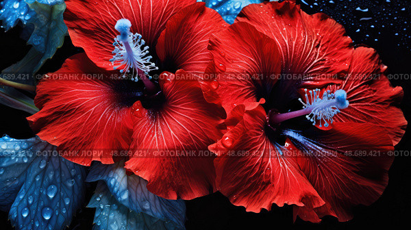morningglories red and blue flowers ai generated. Стоковое AI-изображение, AI-художник Vectorwin / Фотобанк Лори