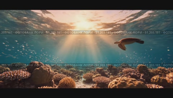 Морская черепаха над коралловым рифом при закате. Стоковое AI-видео, аниматор Стрельчук Ирина / Фотобанк Лори
