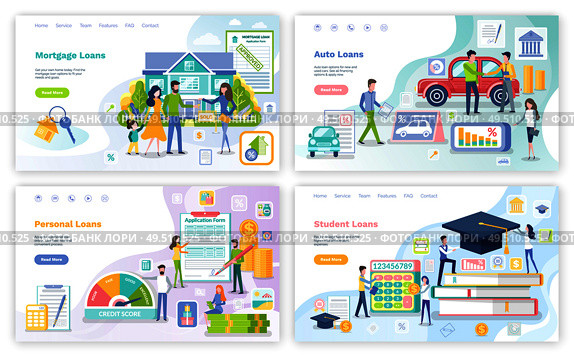 Mortgage and personal loan, student money borrowings, posters set vector. Education of people, buying car and transport, house, business start up. Mortgage and Personal Loan, Student Money Set. Стоковая иллюстрация, агентство Ingram Publishing / Фотобанк Лори