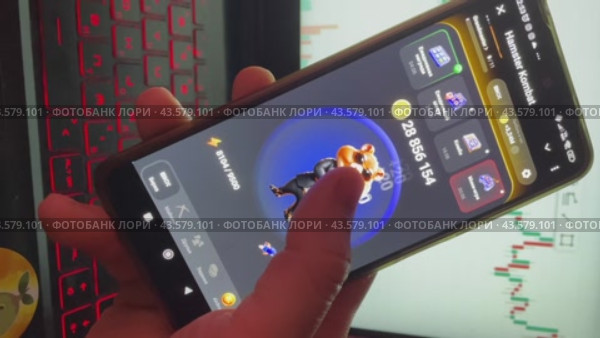 Moscow, Russia-June 20, 2024:A man clicks his finger on the smartphone screen in the game Hamster Combat. Hamster Kombat tap 2 earn mini game in telegram messenger on smartphone display close up. Редакционное видео, видеограф Регина Ерофеева / Фотобанк Лори
