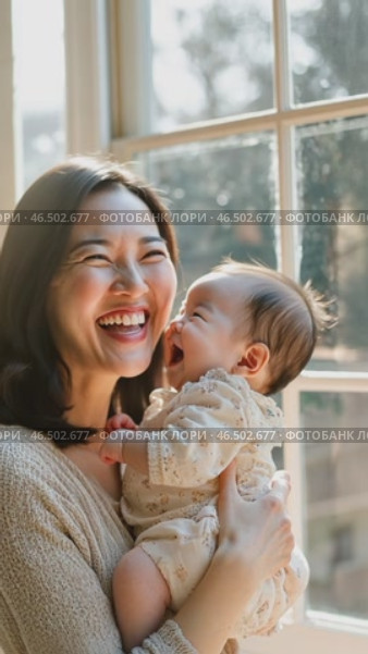 Mother and baby sharing a joyful moment by the window. Стоковое AI-видео, аниматор Юрий Поздников / Фотобанк Лори