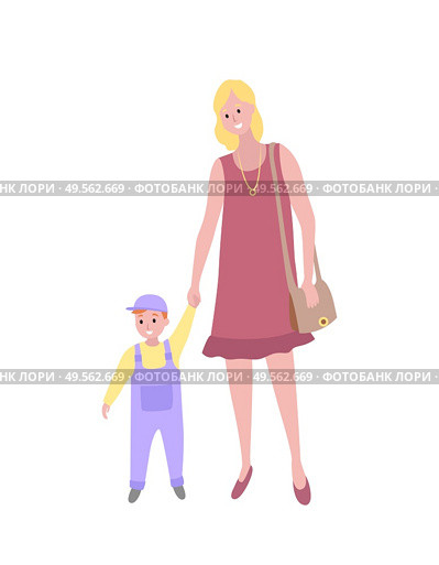 Mother and kid walking vector, isolated woman teaching son to walk. Mom and small child, person with handbag and kiddo wearing bodysuit, cartoon style. Woman Walking with Baby Son, Toddler Kid and Mom. Стоковая иллюстрация, агентство Ingram Publishing / Фотобанк Лори