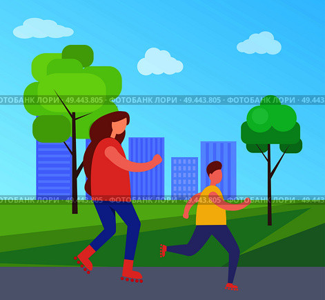 Mother and son rollerblading isolated vector on background of skyscrapers. Teenage child and his female parent engaging in inline skating activity. Mother and Son Rollerblading in City Park Vector. Стоковая иллюстрация, агентство Ingram Publishing / Фотобанк Лори