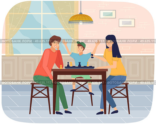 Mother, father and son playing board game together. Family members playing chess sitting at table. Indoor entertainment for adults and children. Parents spend time with their child playing logic game. Mother, father and son playing board game together. Family members playing chess at home together. Стоковая иллюстрация, агентство Ingram Publishing / Фотобанк Лори