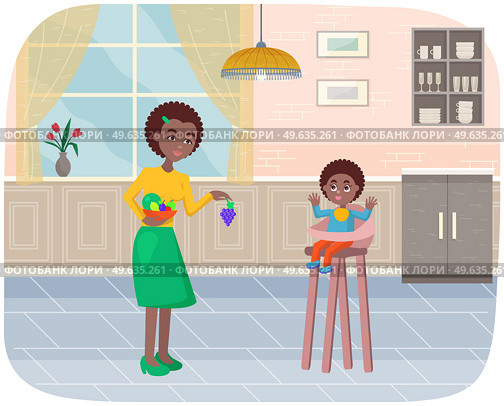 Mother gives baby fresh ripe fruit, take care of child feeds him healthy foods. Mom holds handful of grapes gives small baby sitting in high chair in kitchen. Vitamin eating, maternity leave. Mother gives baby fresh ripe fruit, take care of child feeds him healthy foods in kitchen at home. Стоковая иллюстрация, агентство Ingram Publishing / Фотобанк Лори