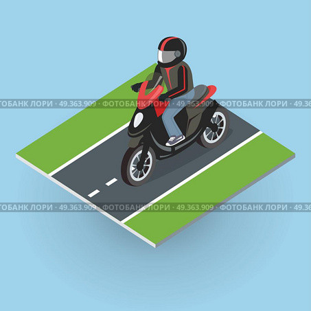 Motor Bike on the Road. Top View. Motor bike on the road. Top view on motorized bicycle. Flat 3d isometric high quality city moped design. Motorcycle or autobike dirtbike . Part of series of city isometric. Vector illustration. Стоковая иллюстрация, агентство Ingram Publishing / Фотобанк Лори