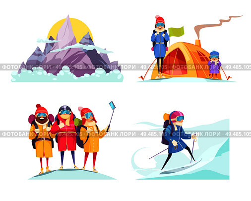 Mountaineering cartoon 4 designs concept square with alpine mountain climbers tent selfie on top isolated vector illustration. Стоковая иллюстрация, агентство Ingram Publishing / Фотобанк Лори