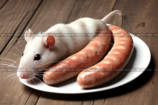 Mouse and delicious homemade sausage. Ai-generated image. Стоковое AI-изображение, AI-художник Сергей Елизарьев / Фотобанк Лори