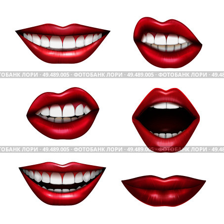 Mouth expressions lips body language emotions realistic set with red glossy drawing attention lipstick isolated vector illustration. Стоковая иллюстрация, агентство Ingram Publishing / Фотобанк Лори