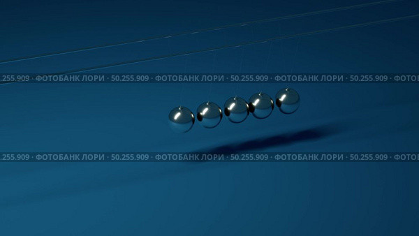 Moving model of Newton’s cradle device, demonstrating conservation of momentum and energy using a series of swinging spheres on a blue background. 4K UHD video 3840, 2160p.. Newton’s cradle model moving. Стоковое фото, агентство Ingram Publishing / Фотобанк Лори