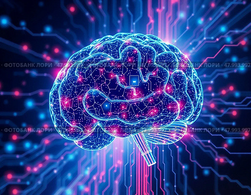 Мозг искусственного интеллекта, состоящий из схем, цифровых световых импульсов, абстрактного футуристического фона. Стоковое AI-изображение, AI-художник Ольга Денис / Фотобанк Лори