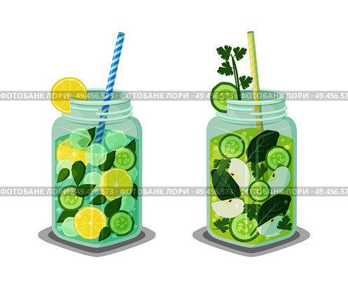 Mugs of refreshing drink with organic green cucumber, bay leaves, slices of apple and lemon, ice cubes vector vegetarian dieting detox cocktails, straw. Mugs of Rrefreshing Drink Contains Organic Product. Стоковая иллюстрация, агентство Ingram Publishing / Фотобанк Лори