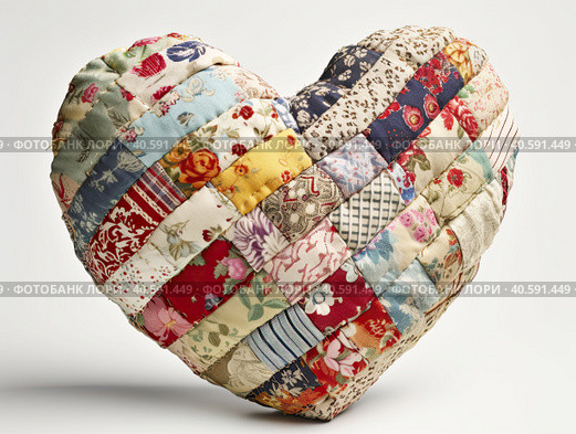 Multicolored pillow made of heart-shaped patches. Created by AI. Стоковое AI-изображение, AI-художник Ярославский Максим / Фотобанк Лори