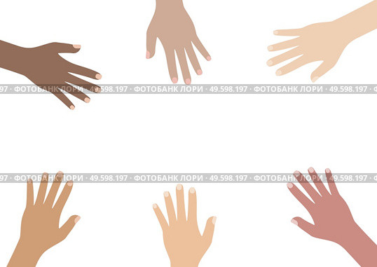Multicultural and multiethnic people community integration concept with raised human hands. Racial equality of different culture and countries background. Vector Illustration.. Multicultural and multiethnic people community integration concept with raised human hands. Racial equality of different culture and countries background. Vector Illustration. Стоковая иллюстрация, агентство Ingram Publishing / Фотобанк Лори