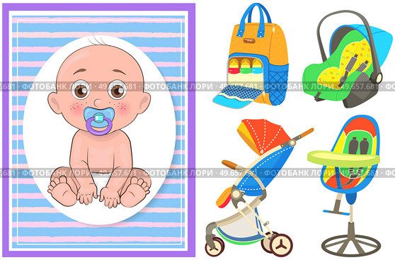 Multinational children, kids playing, baby care objects, newborn items supplies, set of icons. Toys, clothes, devices for transporting, bathing of babies. Babies in diapers crawling, smiling. Multinational children, kids playing, baby care objects, newborn items supplies, set of icons. Стоковая иллюстрация, агентство Ingram Publishing / Фотобанк Лори