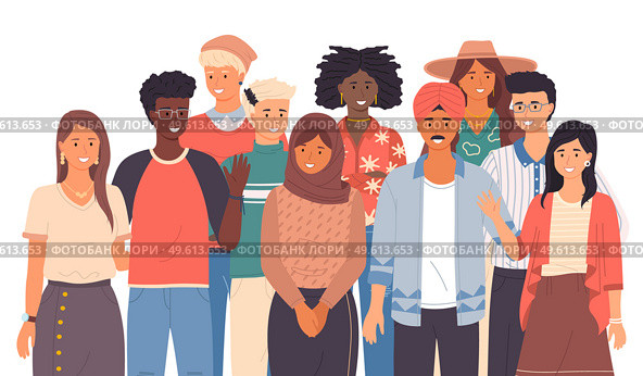 Multinational people group smiling, close up. Friendly people wave. Say hello in different languages. Native speakers, friendly men and women cartoon characters. Flat vector image isolated on white. Friendly multi national people greeting. Diverse cultures, international communication concept. Стоковая иллюстрация, агентство Ingram Publishing / Фотобанк Лори
