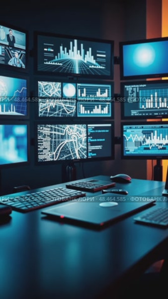 Multiple screens displaying various images symbolizing data monitoring and analysis, front view, bright lighting, tech color palet. Стоковое AI-видео, аниматор Sergey Grishin / Фотобанк Лори