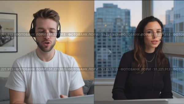 Multiple shots of male and female customer service representatives wearing headsets and working remotely from home, engaging in online communication. Стоковое AI-видео, аниматор Юрий Поздников / Фотобанк Лори