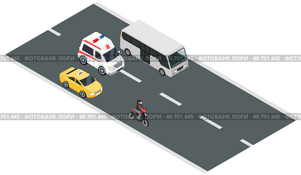 Municipal transport moves along road of city. Ambulance car, police, public city bus and motorcycle or moped. Vehicle for transporting passengers and patients. Automobile driving on highway of town. Municipal transport moves along road of city. Ambulance car, police, public city bus and motorcycle. Стоковая иллюстрация, агентство Ingram Publishing / Фотобанк Лори