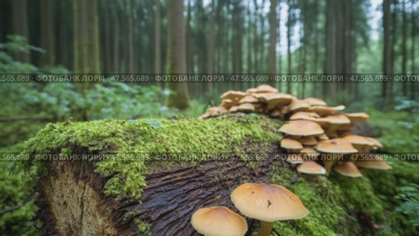 Mushrooms growing on mossy log in forest. Стоковое AI-видео, аниматор Юрий Поздников / Фотобанк Лори