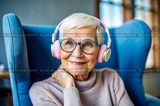 Music lover. A stylish, modern, happy elderly woman of 60-70 years old listens to music in large wireless headphones at home, on an armchair in the living room. Harmony, relaxation and relaxation. Стоковое AI-изображение, AI-художник Photojuli / Фотобанк Лори