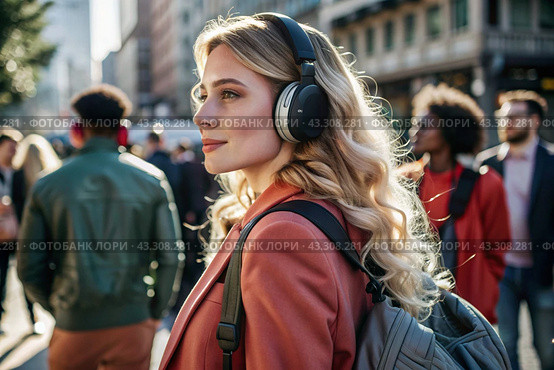 Music lover. A young beautiful curly-haired woman with a backpack in the background of the street and people. A tourist girl listens to music with headphones and walks around the city. Стоковое AI-изображение, AI-художник Photojuli / Фотобанк Лори