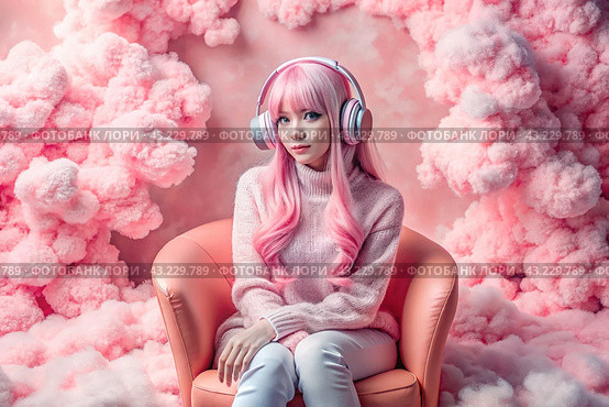 Music lover. A young beautiful Japanese girl with pink anime-style hair listens to music on wireless headphones in pink clouds. Harmony, relaxation and relaxation. Стоковое AI-изображение, AI-художник Photojuli / Фотобанк Лори
