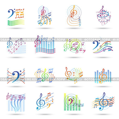 Music notes bass and treble clefs and staves shadow icons set isolated vector illustration . Music notes icons set. Стоковая иллюстрация, агентство Ingram Publishing / Фотобанк Лори