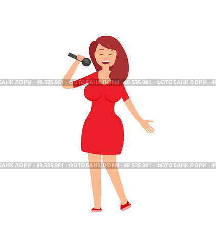 Music performance, lady holding mike in hands vector. Concert performer dressed in red clothes, woman singing at karaoke club, vocalist female with mic. Music Performance, Lady Holding Mike in Hands. Стоковая иллюстрация, агентство Ingram Publishing / Фотобанк Лори