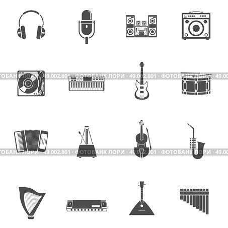 Musical Instruments Icons Set . Musical Instruments and tunes black white icons set with violin guitar and stereo system flat isolated vector illustration . Стоковая иллюстрация, агентство Ingram Publishing / Фотобанк Лори
