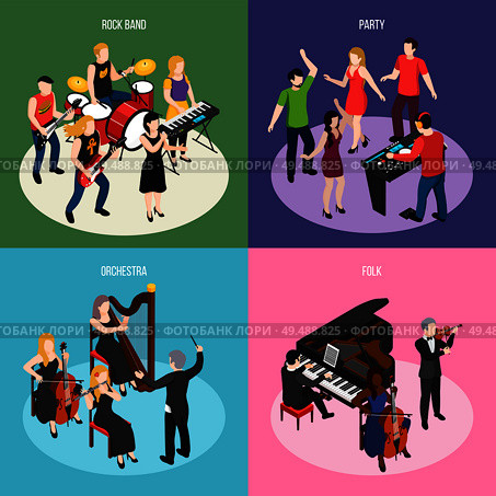 Musicians isometric design concept with rock band orchestra folk music and dancing party isolated vector illustration. Стоковая иллюстрация, агентство Ingram Publishing / Фотобанк Лори
